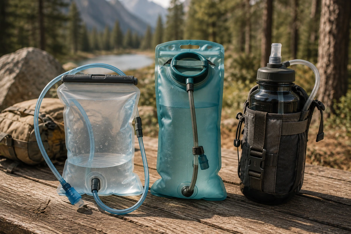 Comparison of plastic bottles, stainless steel bottles, and a hydration reservoir