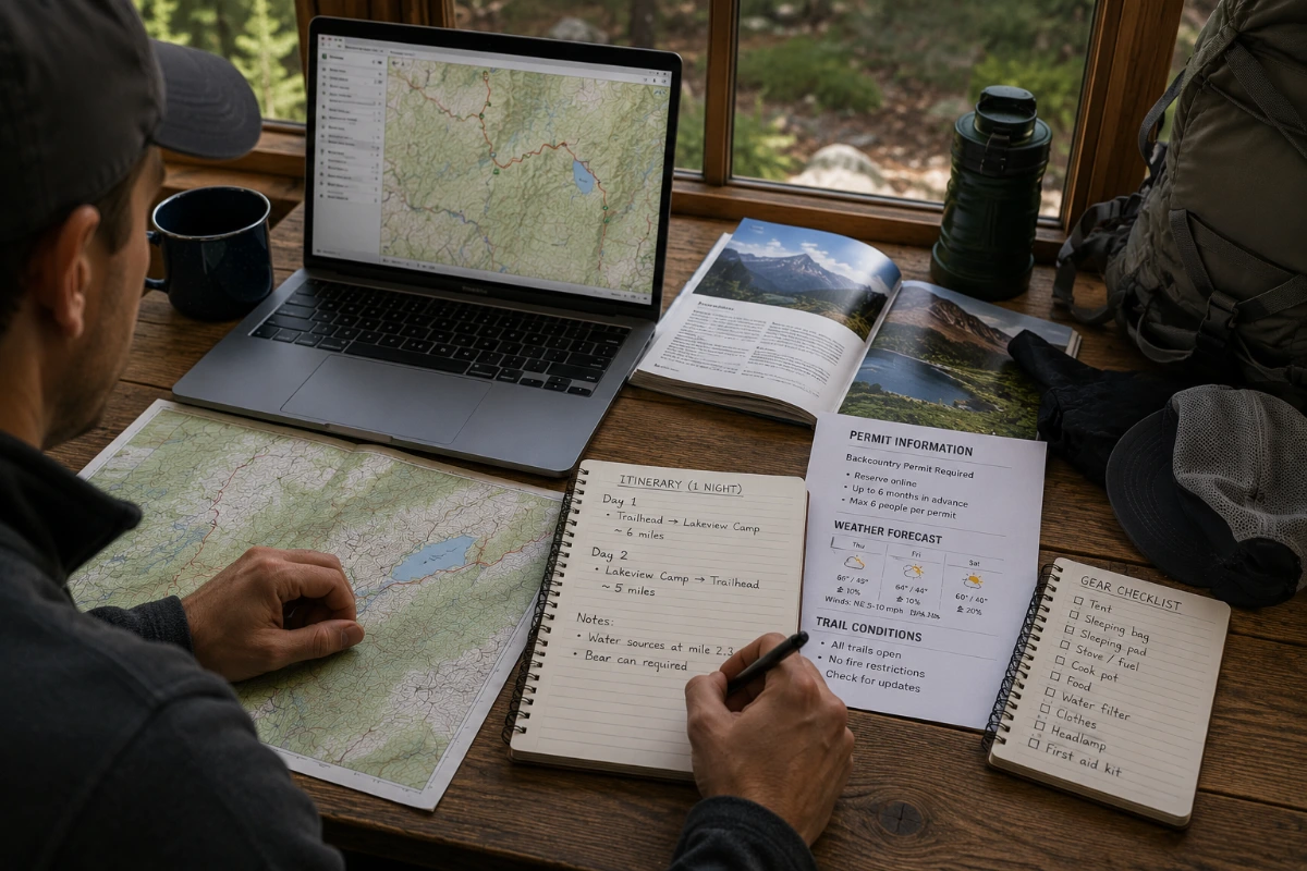 Hiker planning a backpacking route with a map and outdoor gear