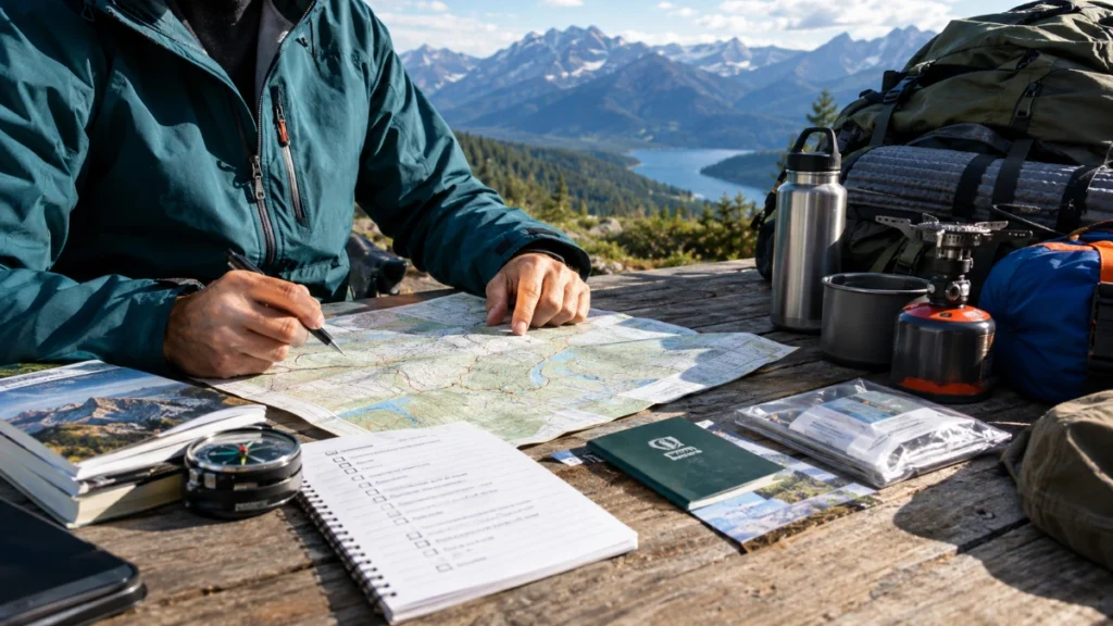 Hiker preparing backpacking gear for a multi-day trip
