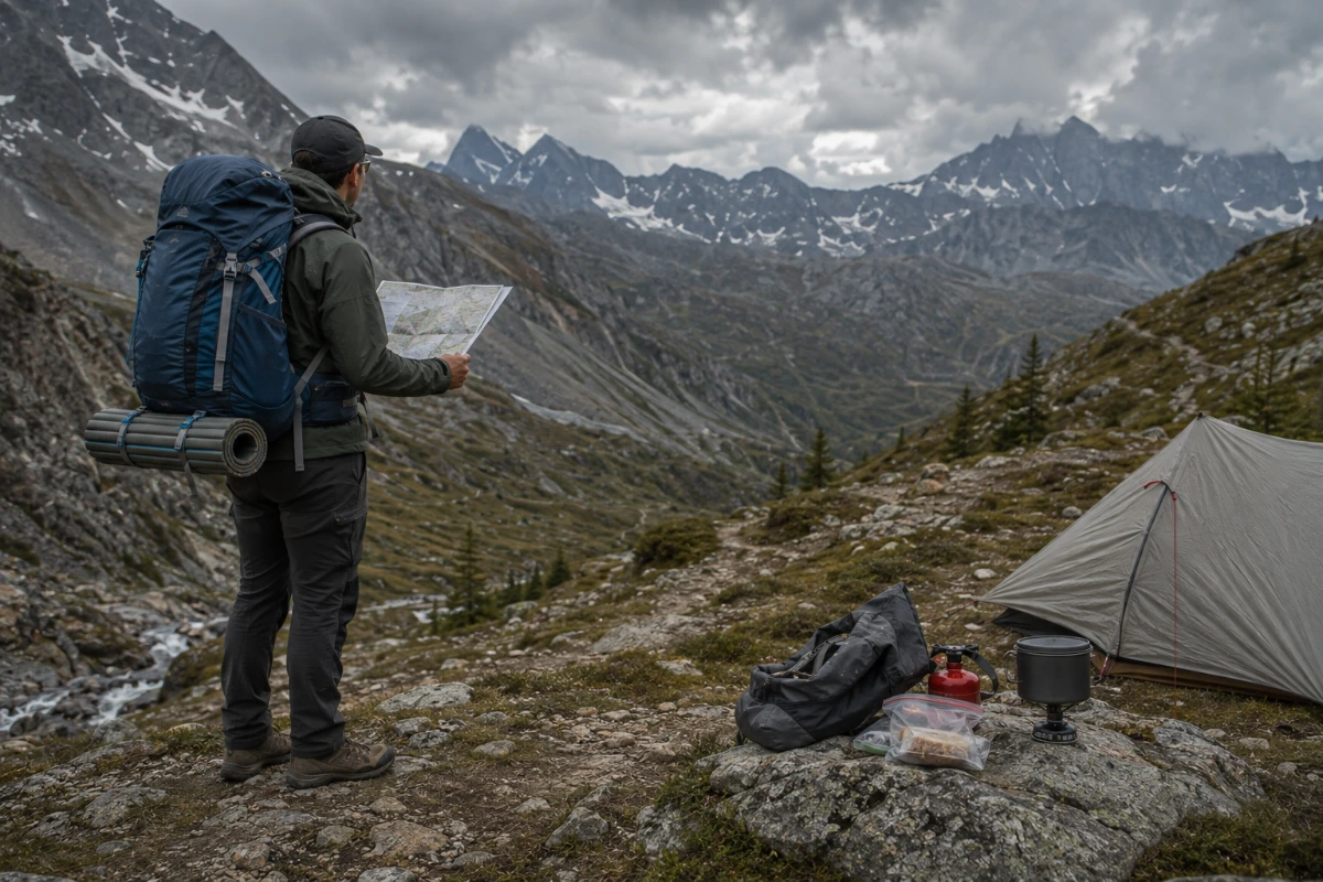 Hiker preparing for a multi-day hiking trip with backpacking gear