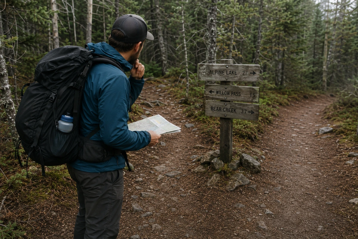 Hiker navigating a trail and looking for trail markers