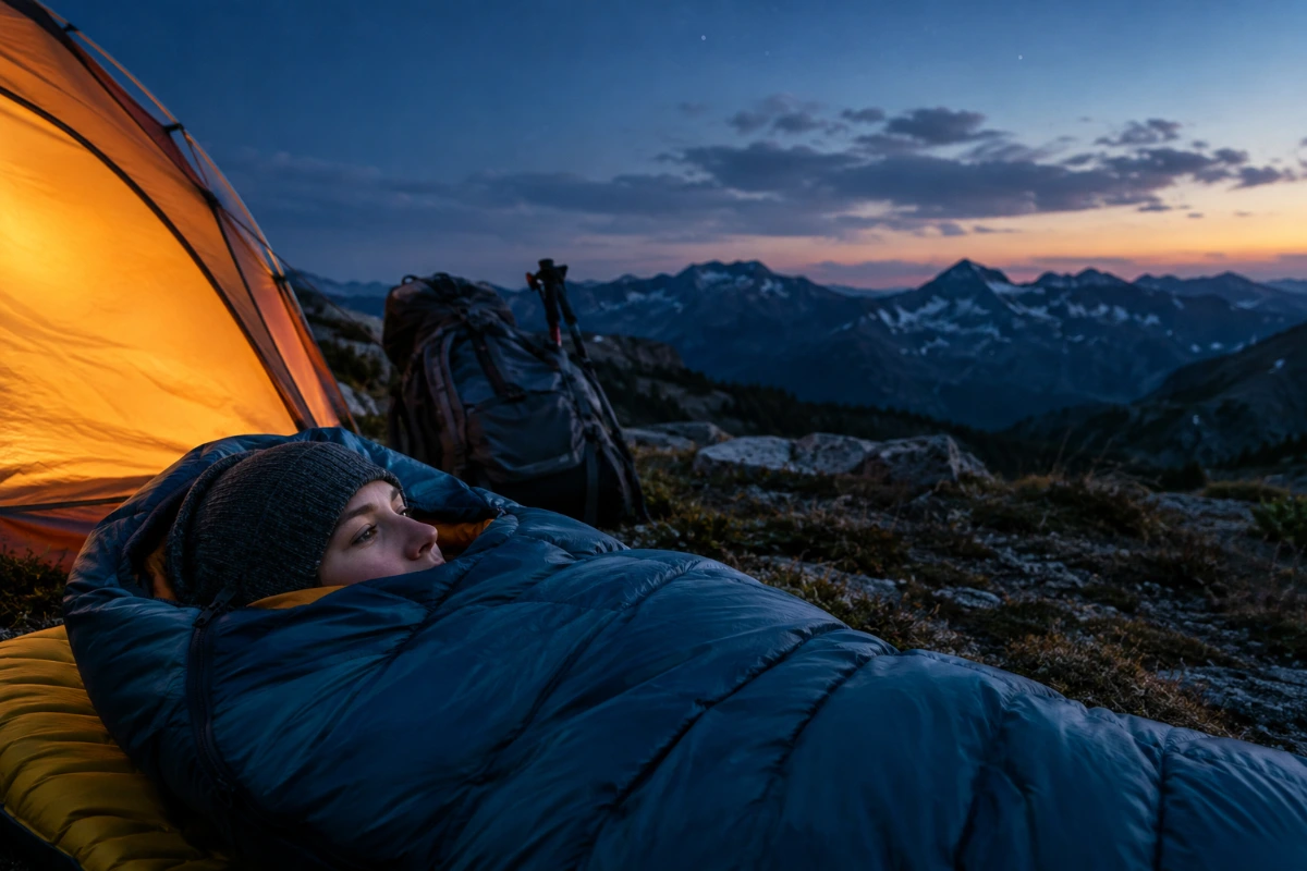 Backpacker preparing a warm sleep system at a mountain campsite at night