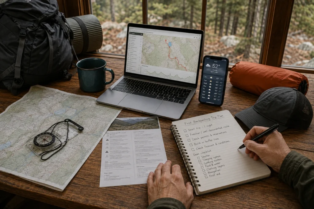 Beginner backpacker preparing for a multi-day hiking trip