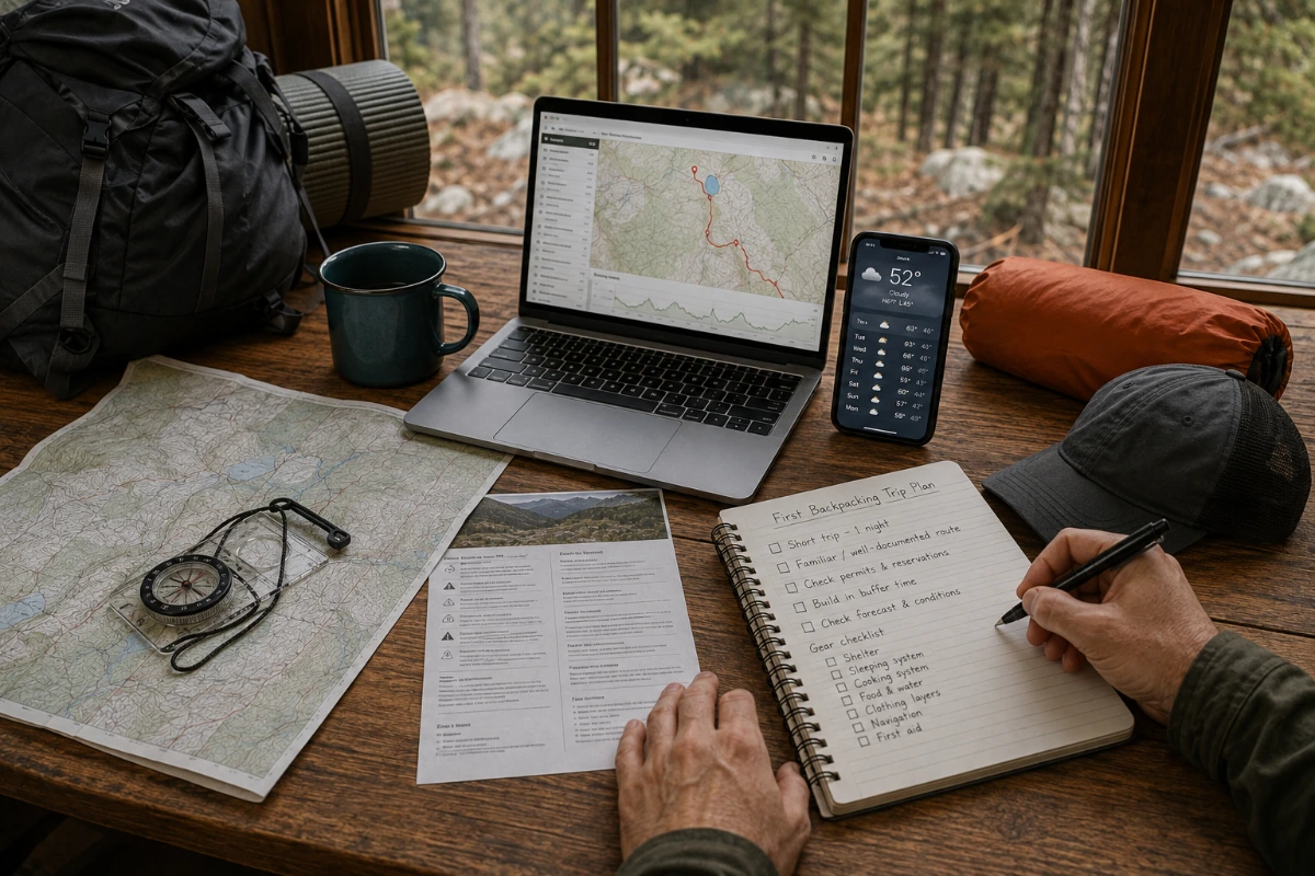 Hiker planning a first backpacking trip with a map and gear