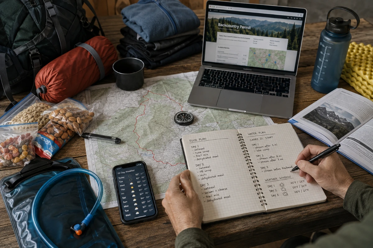 Hiker planning a multi-day hiking trip with maps, food, and outdoor gear