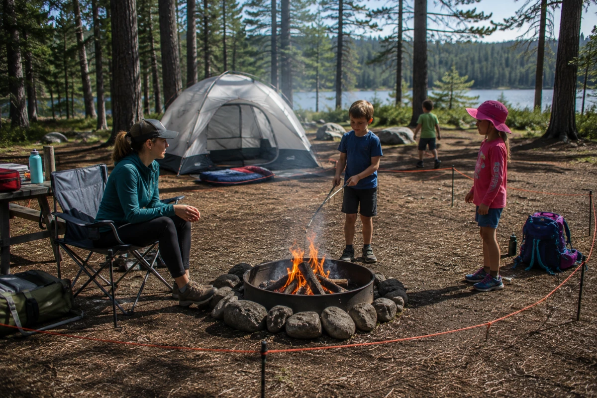 Parent supervising children safely around a campsite