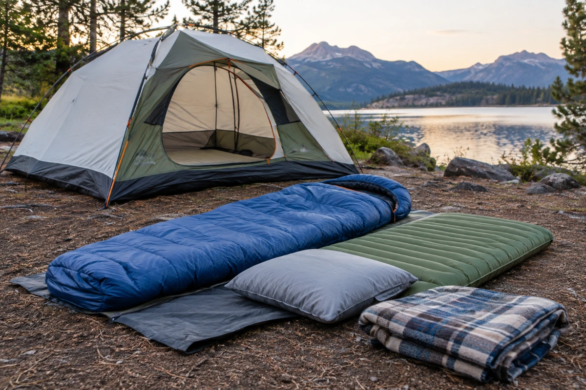 Car camping shelter and sleep gear including a tent, sleeping bag, sleeping pad, pillow, and extra blanket