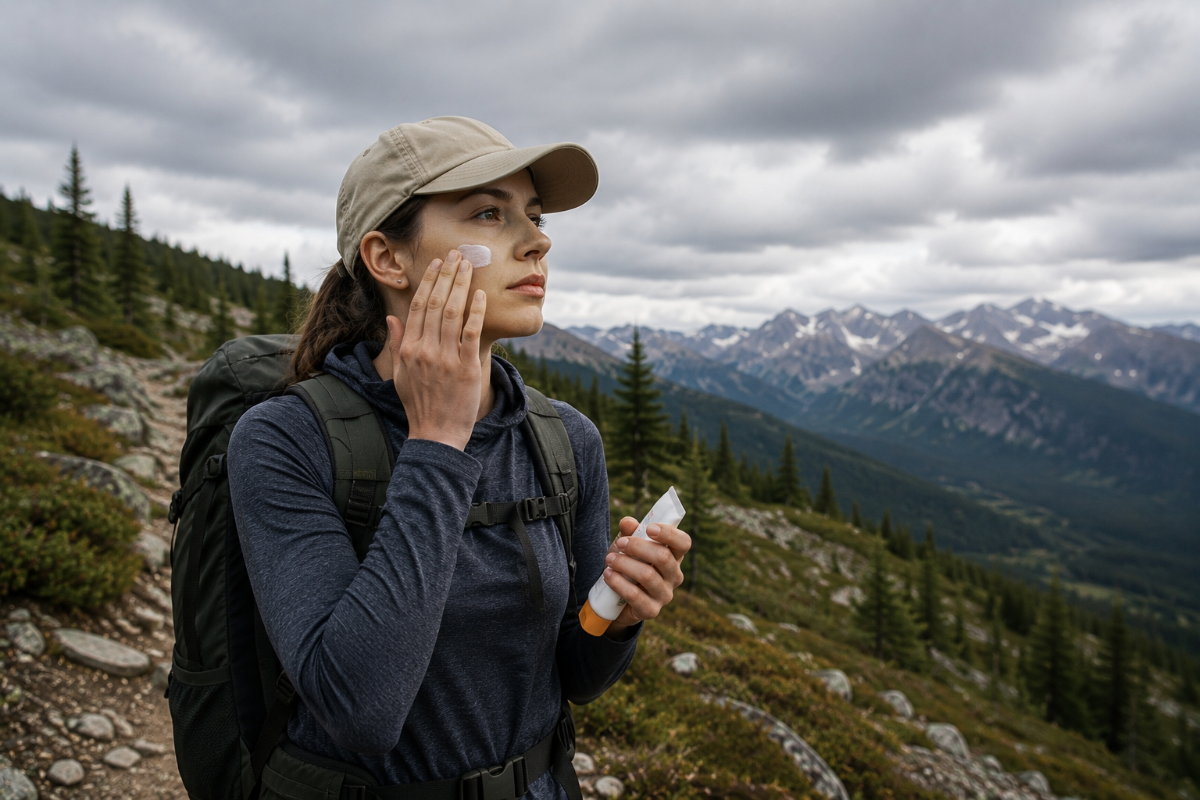 Hiker wearing sun protection on a cloudy mountain trail