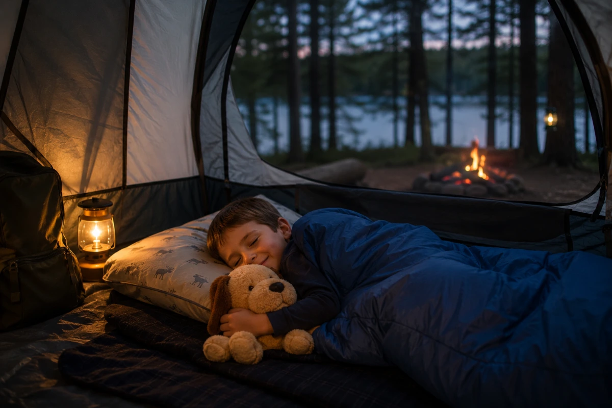 Child sleeping comfortably inside a family camping tent