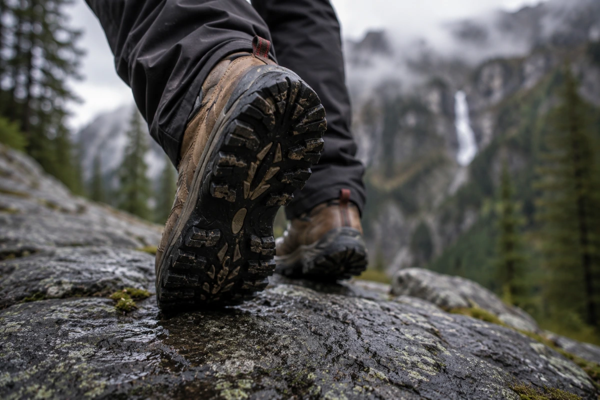 Close-up of hiking shoe outsole showing tread pattern and traction