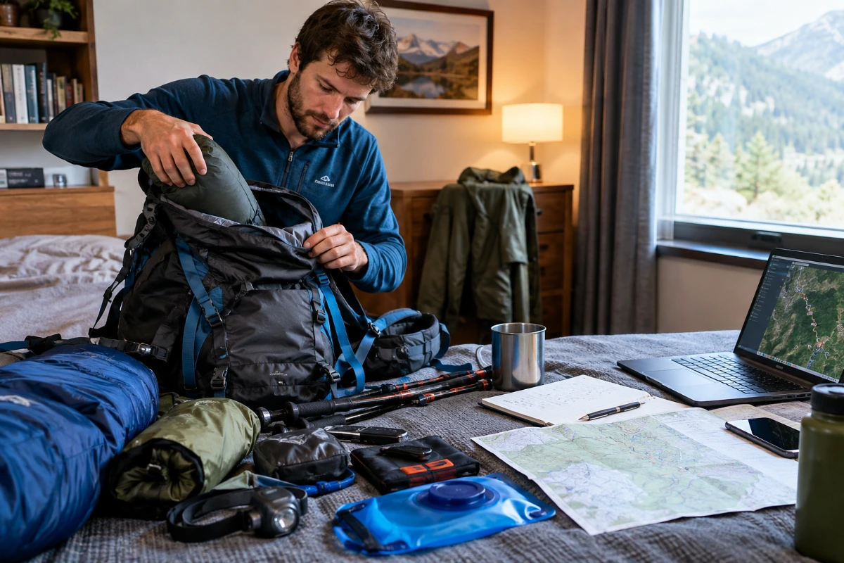 Backpacker completing final gear and trip preparations the night before a hiking trip