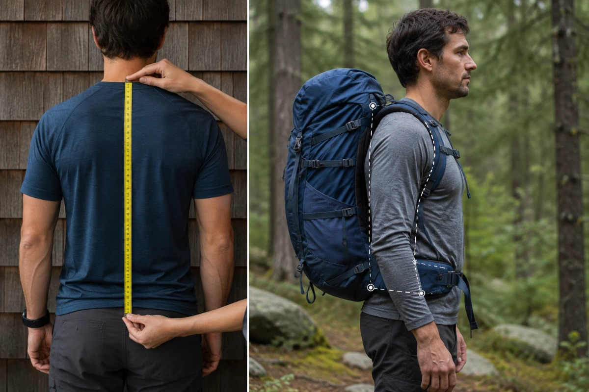 Hiker measuring torso length to find the right hiking backpack size