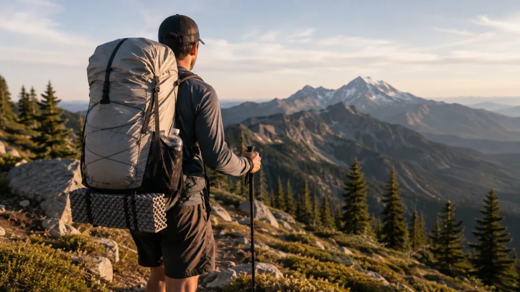 Ultralight backpacking gear arranged for a multi-day trip