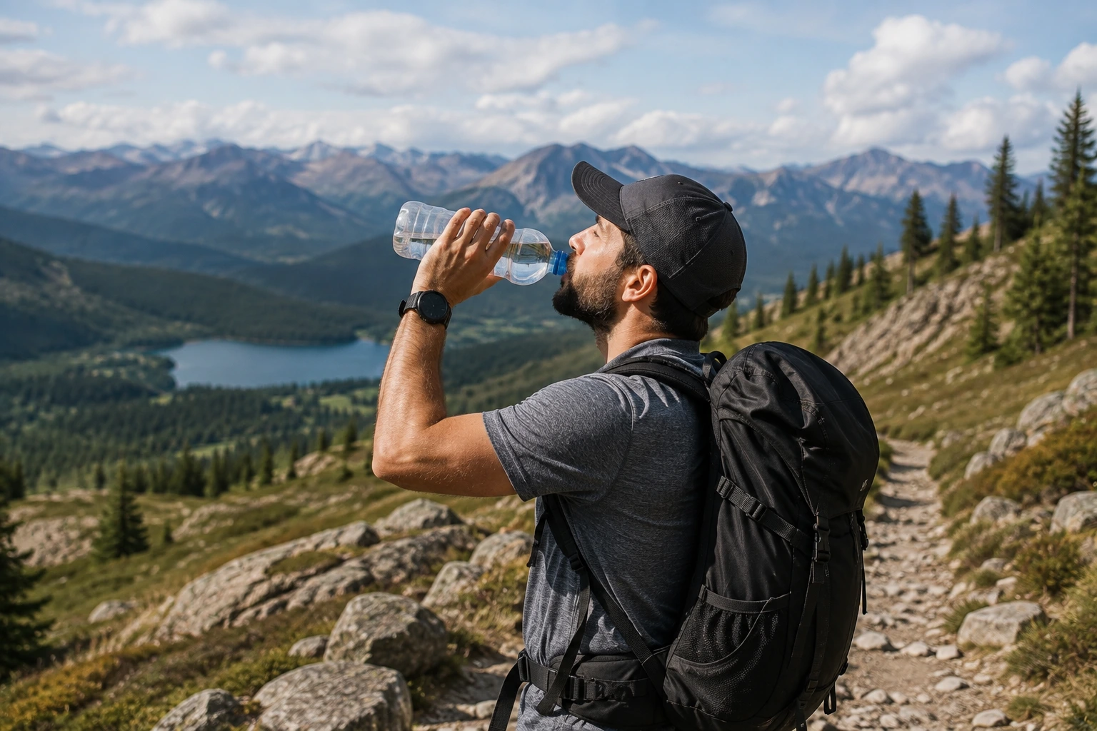 Hiker carrying water while hiking on a trail