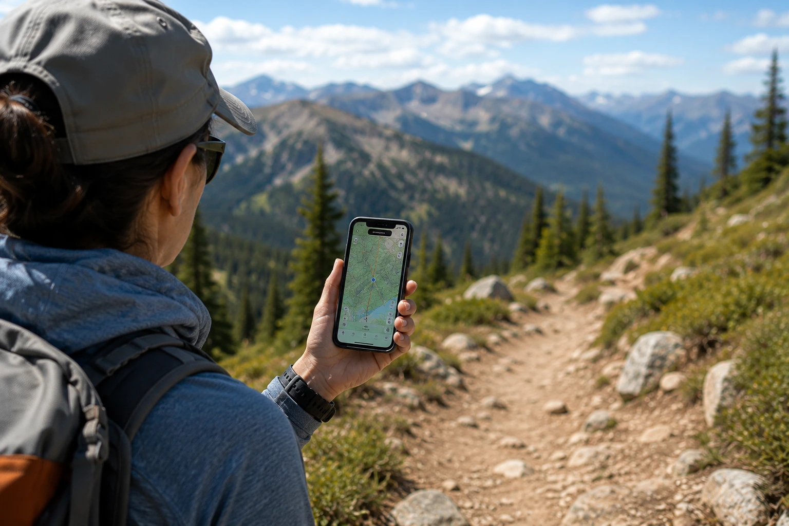 Hiker using a hiking app or offline map on a smartphone