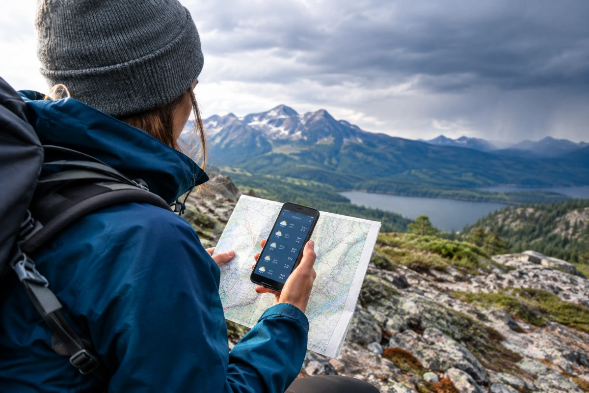 Backpacker checking weather conditions while planning a multi-day hiking trip