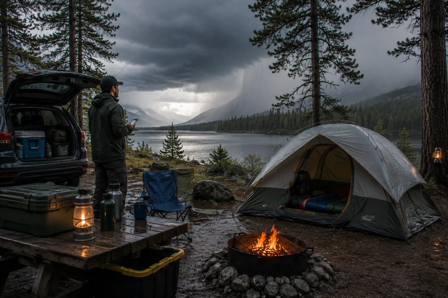 Camper checking weather conditions at a tent campsite overnight