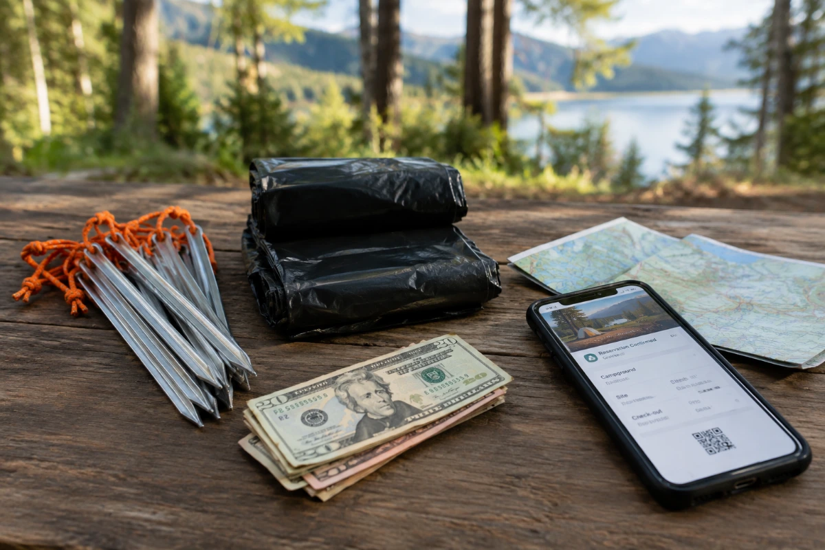 Extra camping essentials including tent stakes, trash bags, cash, and a campground reservation