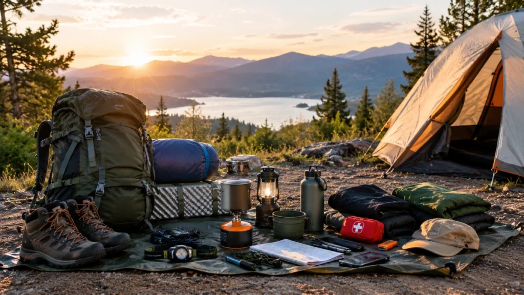 Camping gear and essentials packed for a beginner camping trip