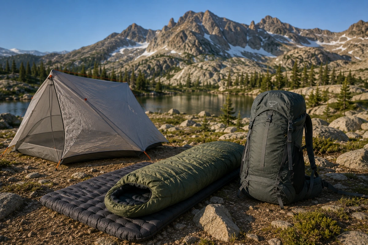 Backpacking tent sleeping system and backpack representing the Big 3 gear categories