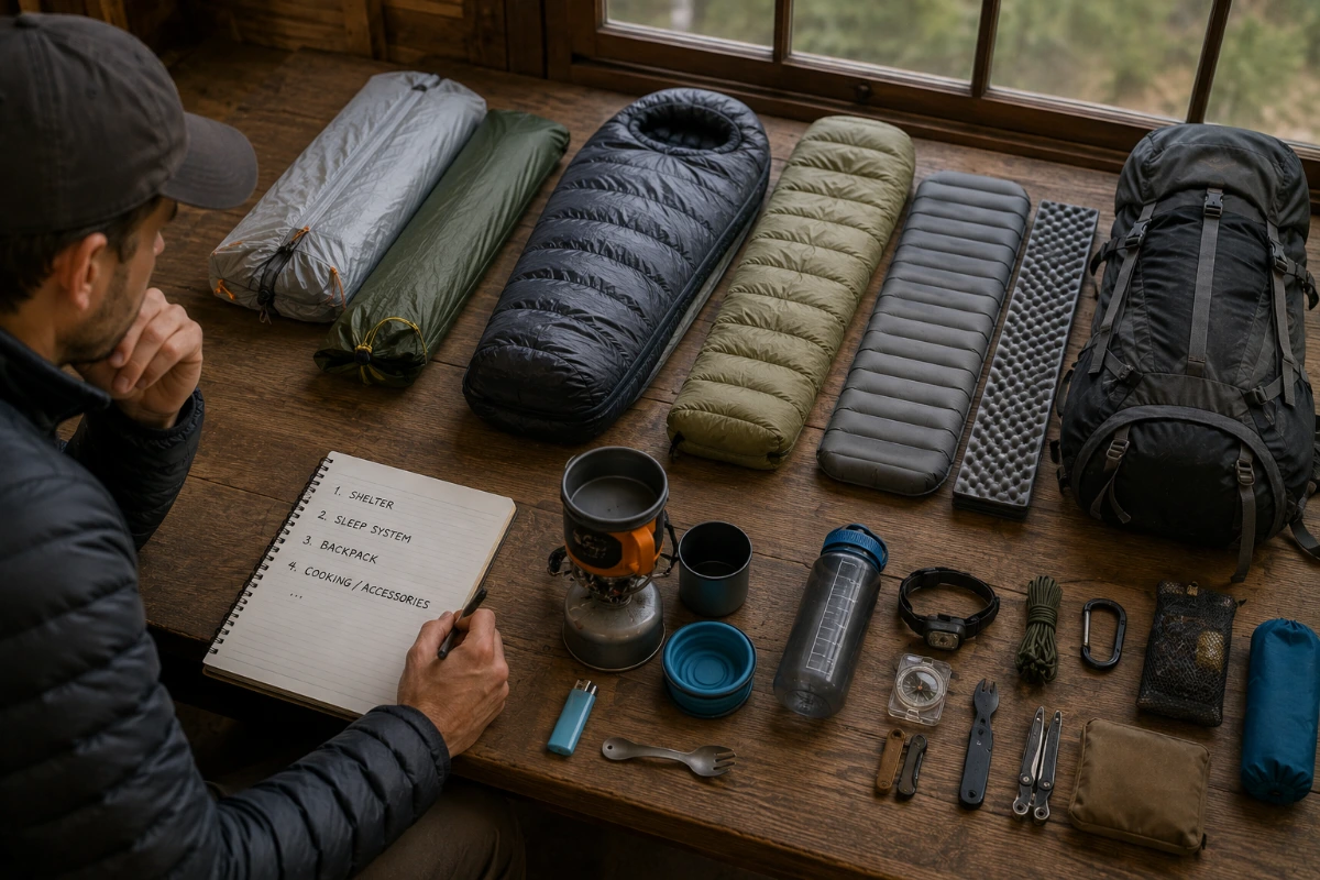 Backpacker comparing shelter sleep system and backpack to reduce pack weight