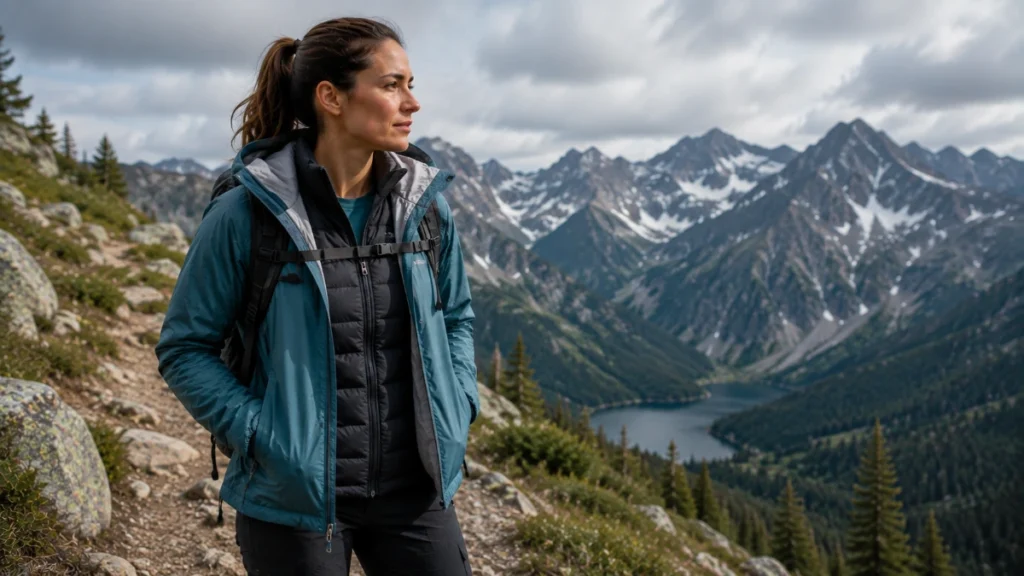 Hiker wearing layered clothing on a mountain trail
