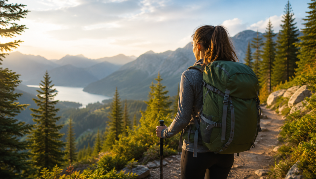 Beginner hiker walking a scenic mountain trail