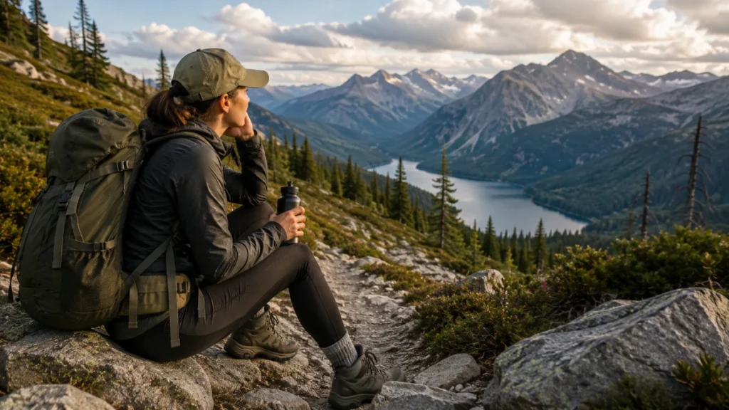 Beginner hiker checking a trail map at a hiking junction