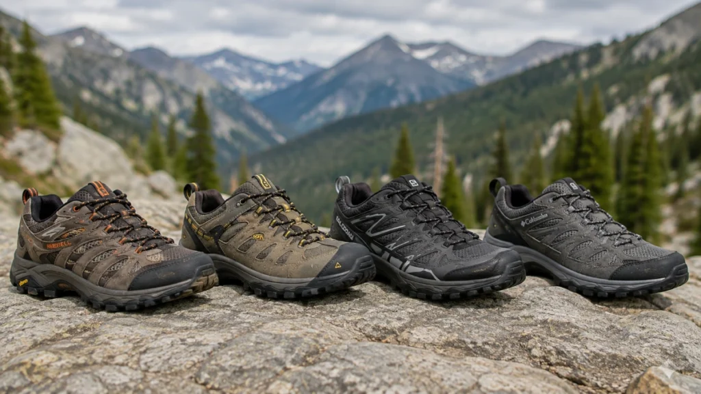 Beginner hiker choosing hiking shoes for a mountain trail