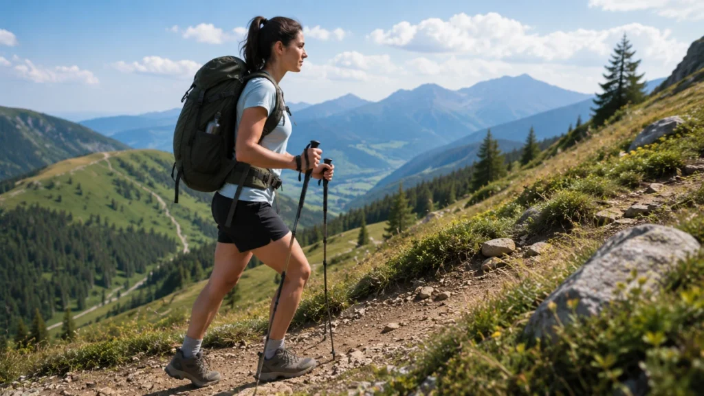 Beginner hiker walking uphill with a backpack during training