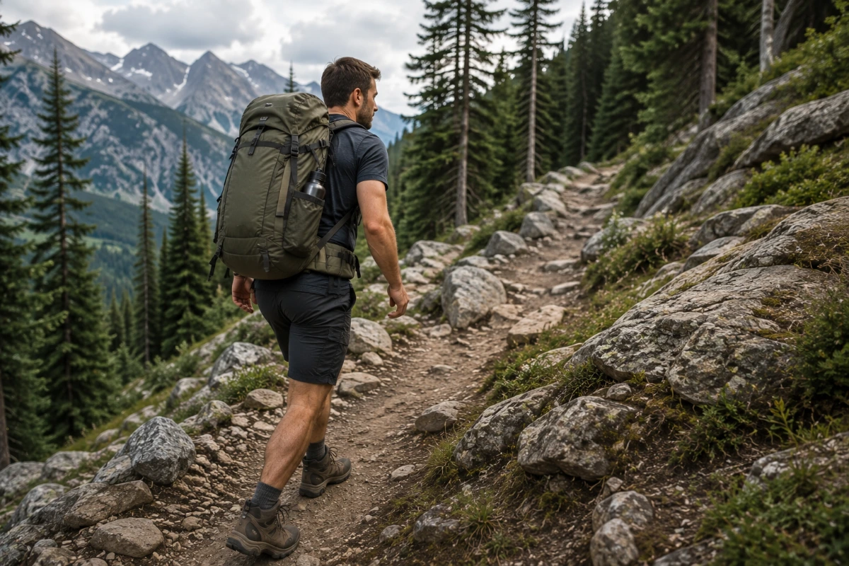 Hiker training with a loaded backpack on an outdoor trail