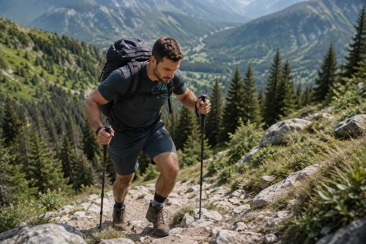 Hiker preparing for a hike with physical training