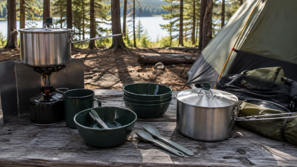 Camping cookware and cooking essentials for outdoor meals