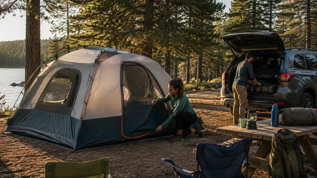 Beginner-friendly camping tent set up at a scenic campsite surrounded by trees