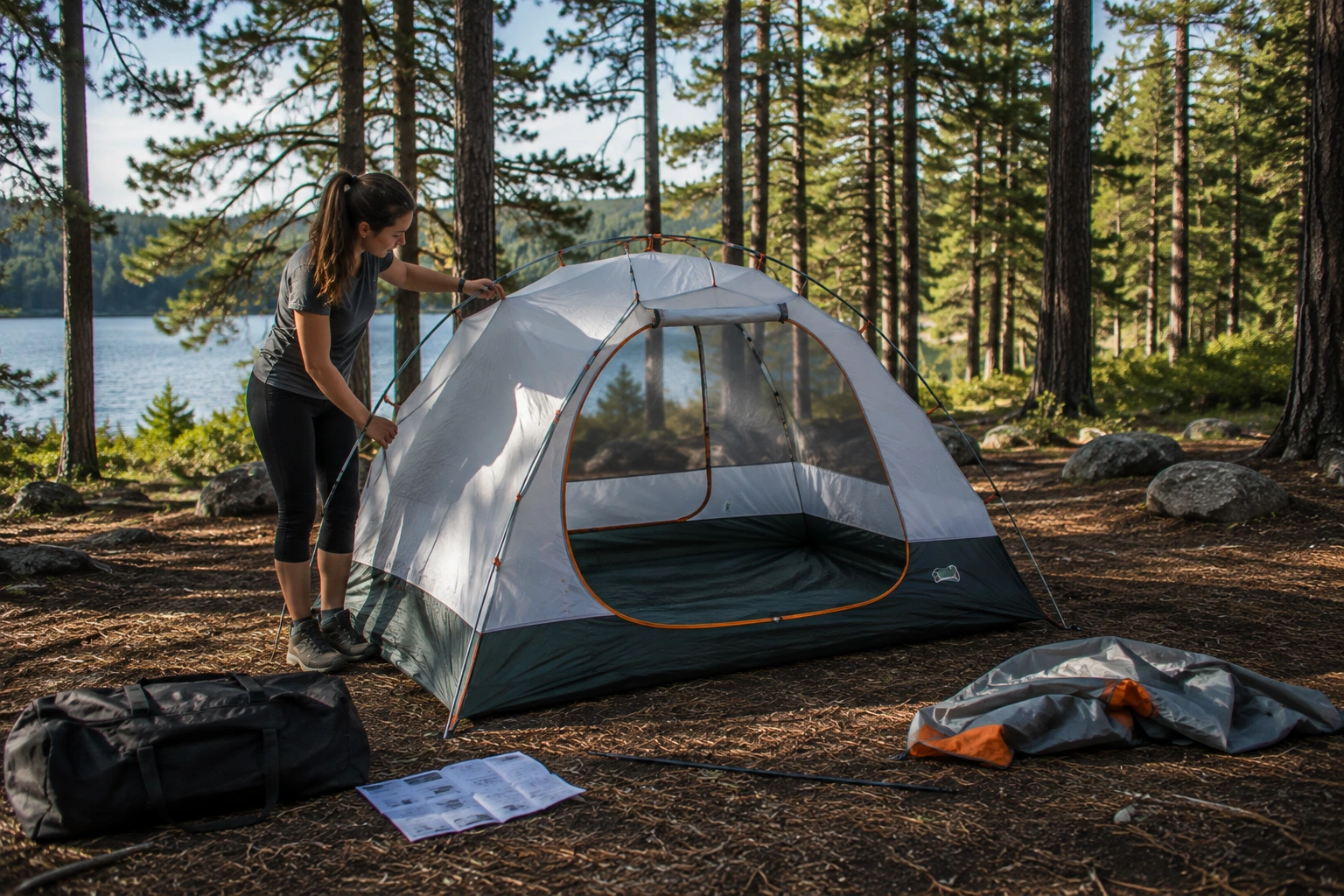 A camper setting up a tent at a campsite during daylight