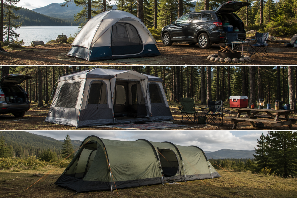 Different types of camping tents, including dome, cabin, and tunnel tents at a campsite