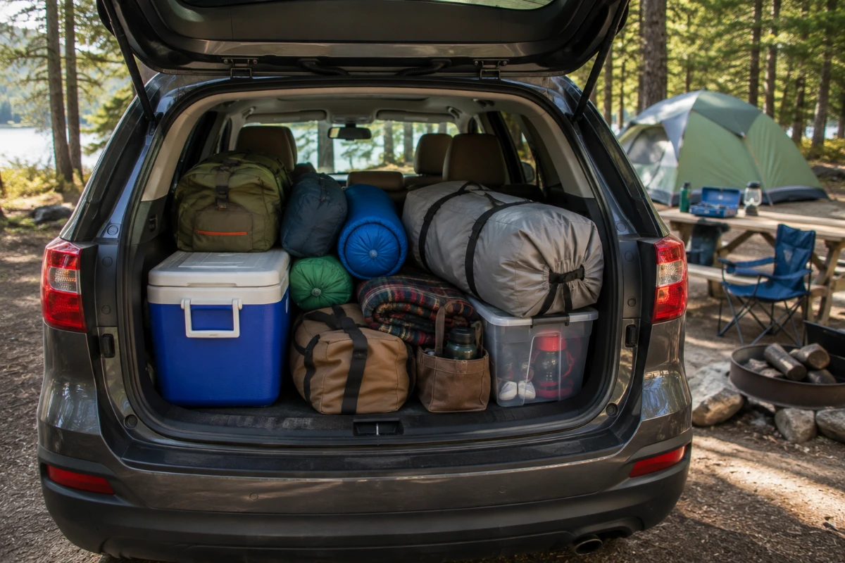 Camping tent and packed outdoor gear arranged beside a car at a campsite
